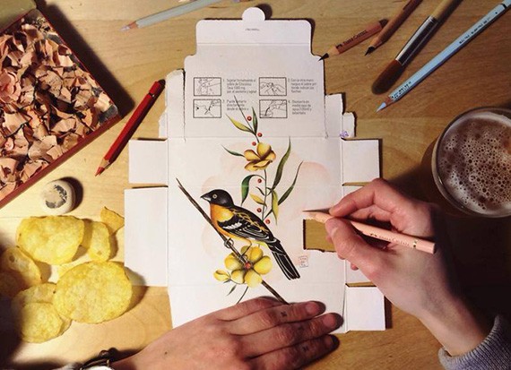Bird Drawings on Medicine Boxes by Sara Landeta