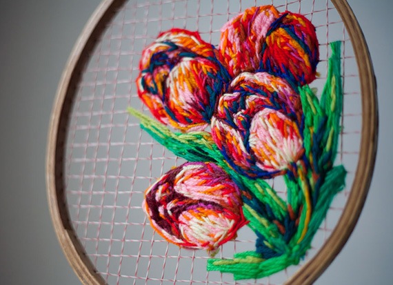 Embroidery Art on Vintage Tennis Rackets by Danielle Clough