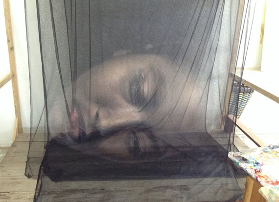 Paintings over layers of Thread and Netting by Uttaporn Nimmalaikaew