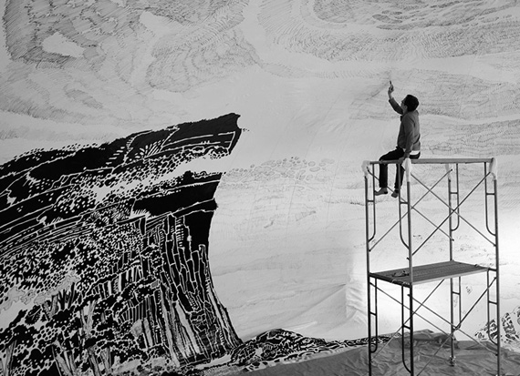 Panoramic Landscape Drawing inside a Giant Inflated Dome by Oscar Oiwa