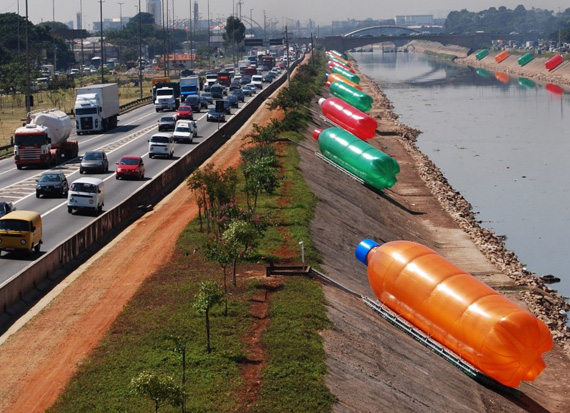 Urban Intervention with Giant Plastic Bottles by Eduardo Srur